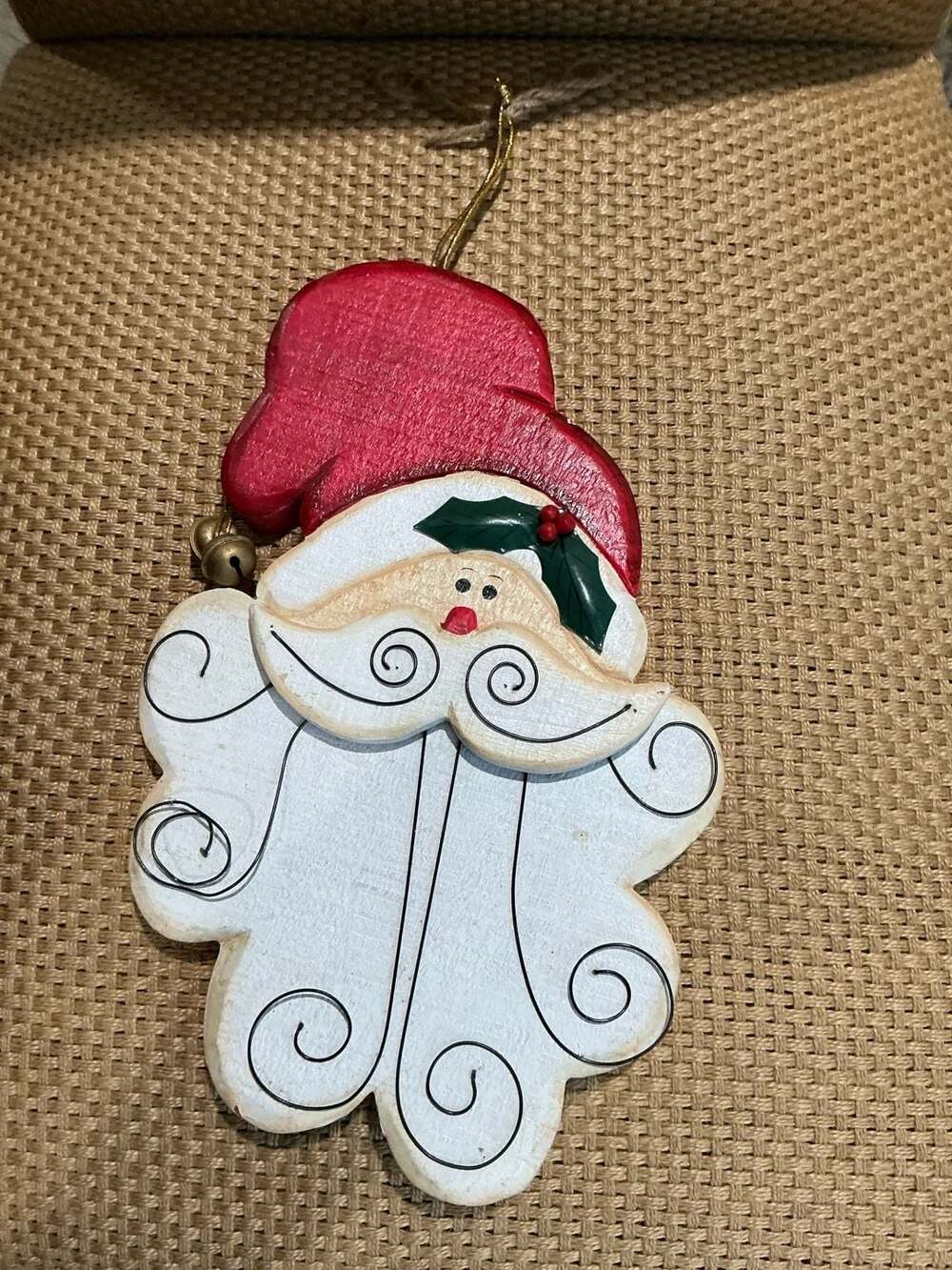 Wooden Santa Claus Christmas Ornament with Swirl Beard and Red Hat